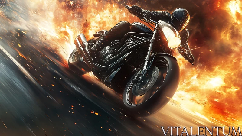 Motorcycle rider on roadway with surrounding fire blast.