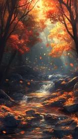 Forest stream with autumn foliage under filtered light.