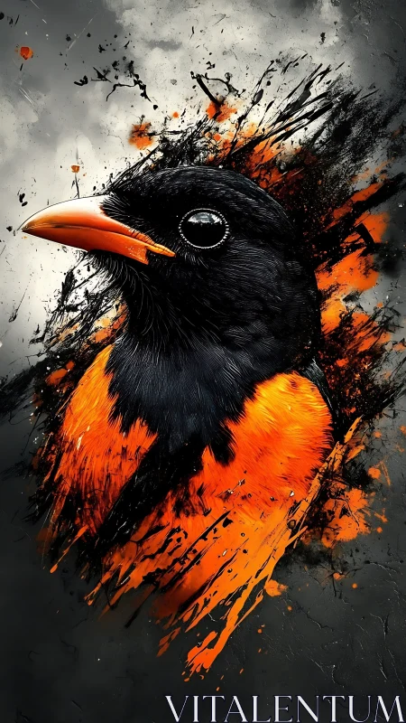 Fiery black and orange bird portrait bursts from splashes.