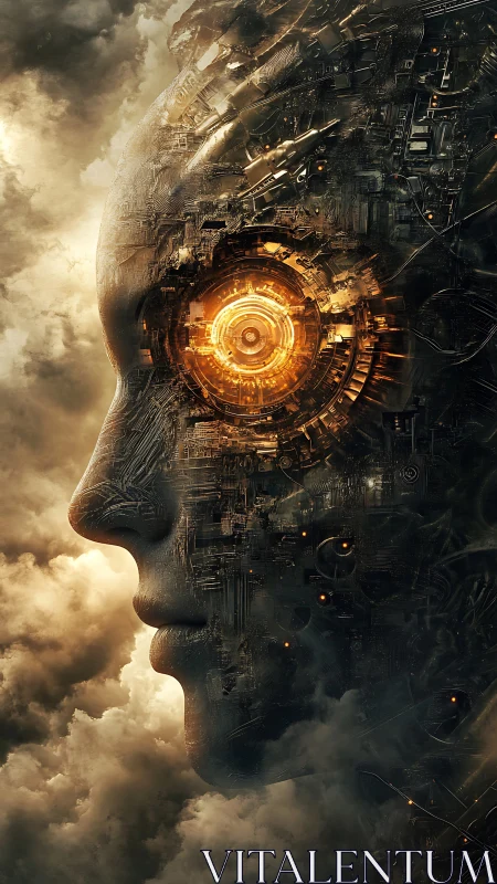 Cybernetic profile with radiant mech eye in storm clouds.
