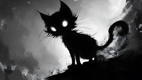 Moonlit shadow cat tilts its glowing gaze into stormy ink