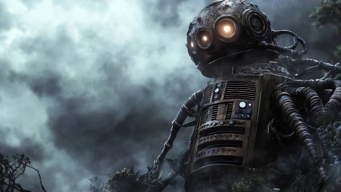 Rusty multi-eyed robot stands in misty forest clearing