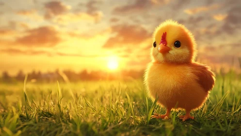 Yellow chick in meadow at sunset.