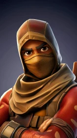 Hooded masked warrior stares forward with folded arms