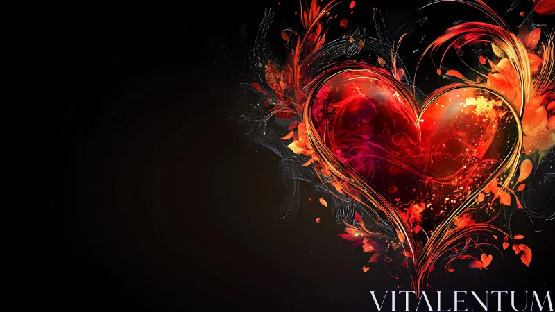 Glowing Heart with Fiery Particles and Ornate Flourishes