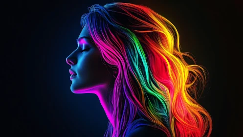 Neon-lit female profile glows with flowing rainbow hair.