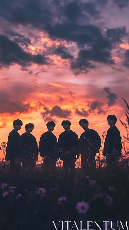 Silhouetted friends stand in wildflowers under a burning sky