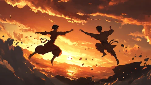 Silhouetted martial artists in midair against sunset sky.