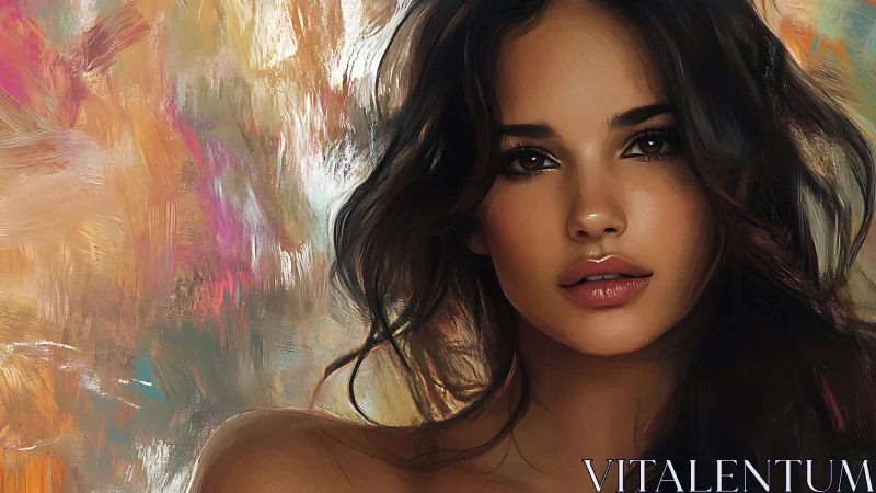 Digital portrait of brunette woman against abstract color field.