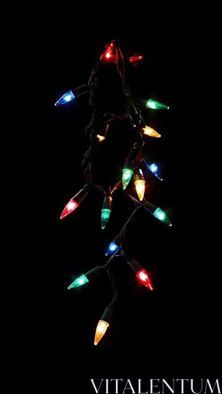 Strand of multicolored LED string lights hangs against black