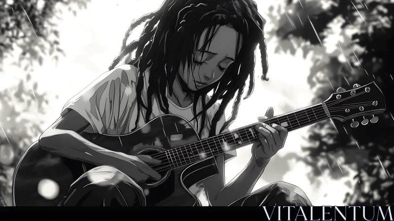 Young guitarist with dreadlocks plays acoustic guitar in rain