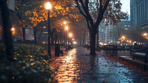 Rainlit autumn promenade where city lamplights whisper softly.