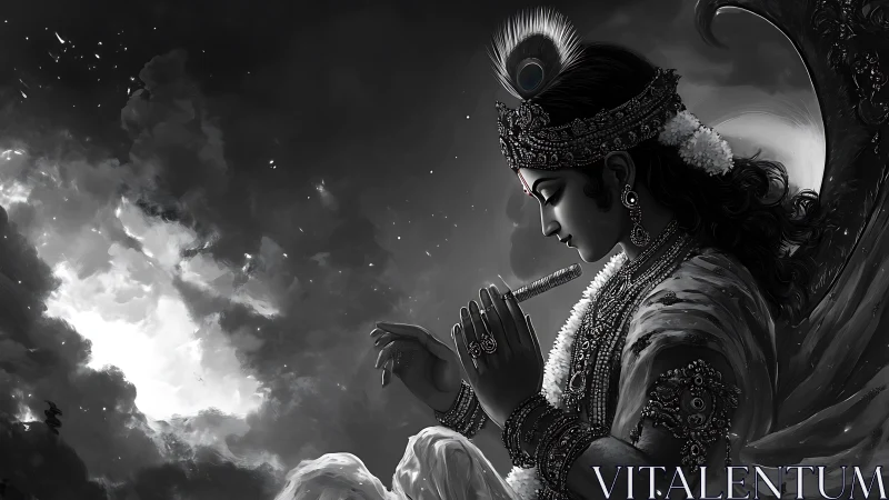 Divine flutist deity rendered in monochrome digital chiaroscuro