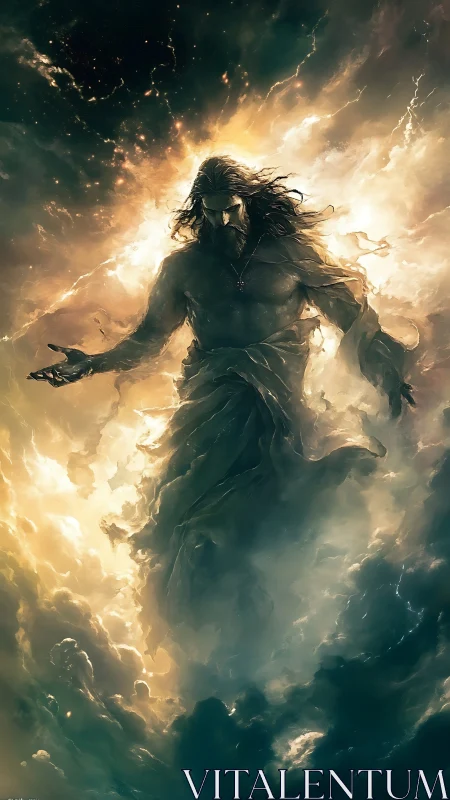Storm‑veiled deity emerging through cosmic golden clouds.