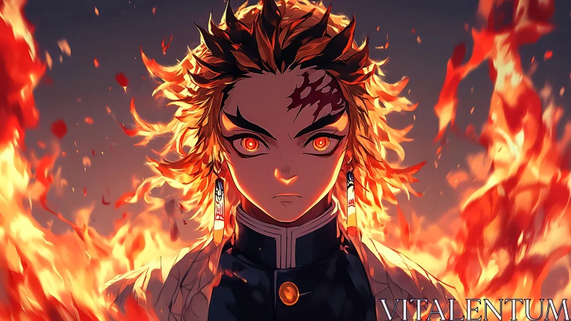 Flame-eyed warrior steadies his resolve inside roaring firestorm