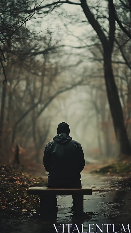 Solitary hooded figure on wet forest path in diffuse foggy light.