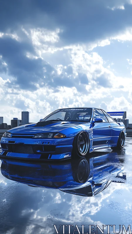 Modified blue coupe is parked on reflective wet surface