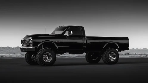 Lifted black pickup truck is parked on flat open roadway