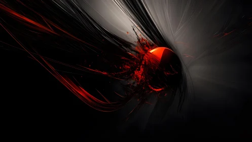 Abstract digital art with red-black sphere and dynamic streaks.