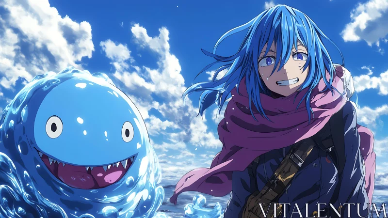 Blue haired adventurer and slime ally under windswept skies
