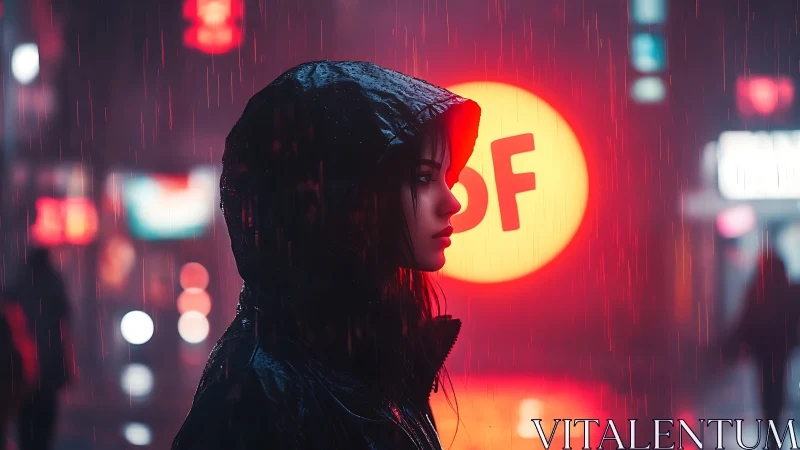 Hooded woman in neon rain with strong bokeh and rim lighting