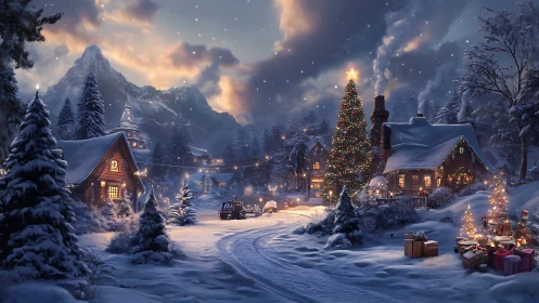 Snowy alpine village glows with cozy Christmas magic at dusk.