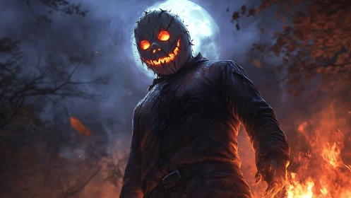 Pumpkin headed figure before full moon and surrounding fire.