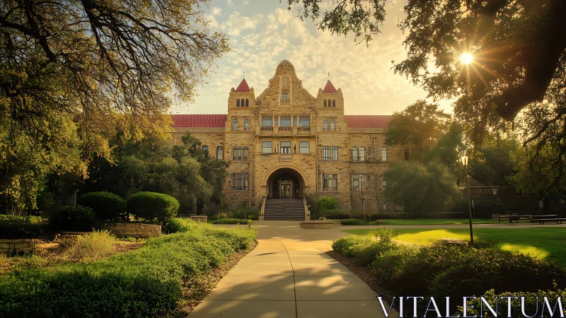Historic stone academic building with landscaped campus grounds.