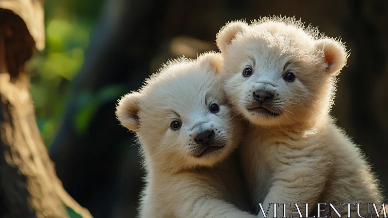 Fluffy bear cub siblings share a gentle forest embrace.