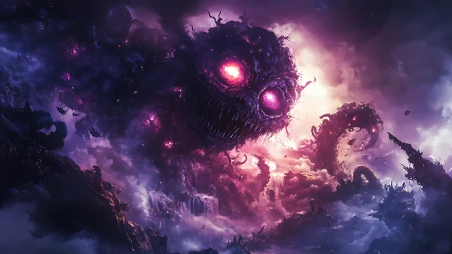 Colossal cosmic horror looms above a storm of violet clouds