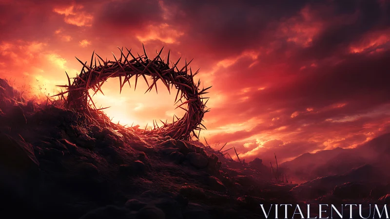 Crown of thorns ring frames burning red apocalyptic sunset