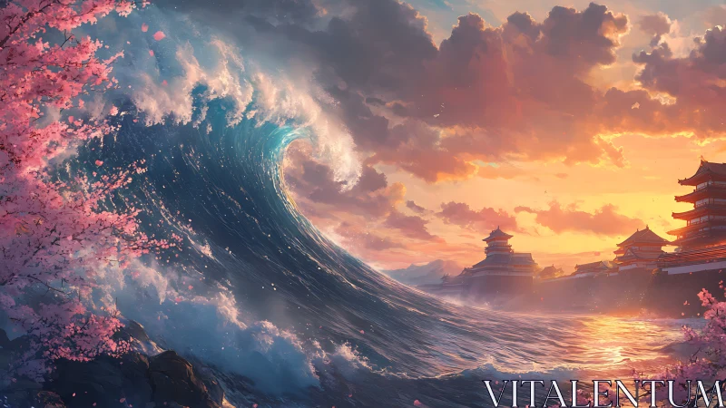 Large ocean wave near coastal pagodas at sunset scene.