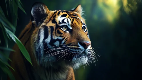 Quietly glowing tiger gazing through deep emerald jungle.
