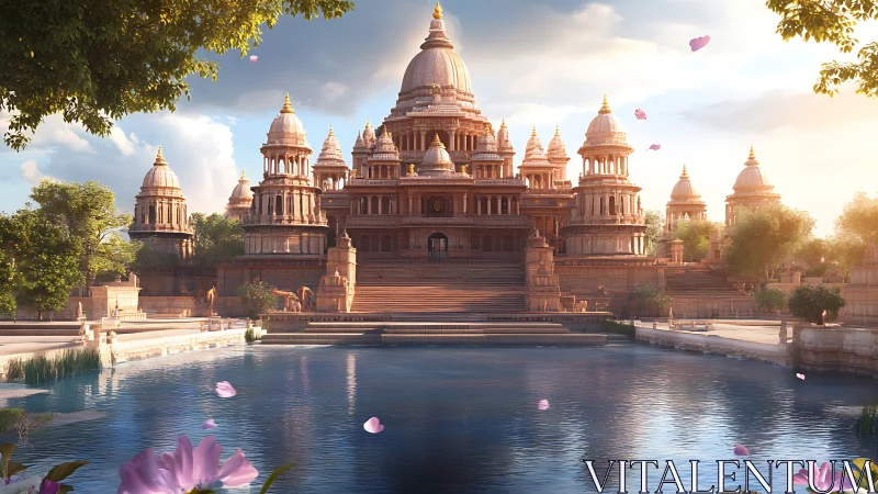 Sunlit temple palace reflected in tranquil blue waters.