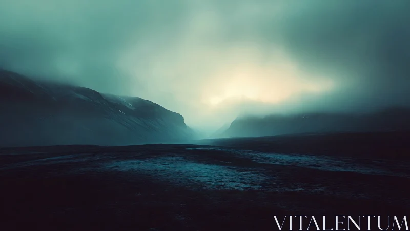 Misty valley sunrise gently brightening a quiet tundra.