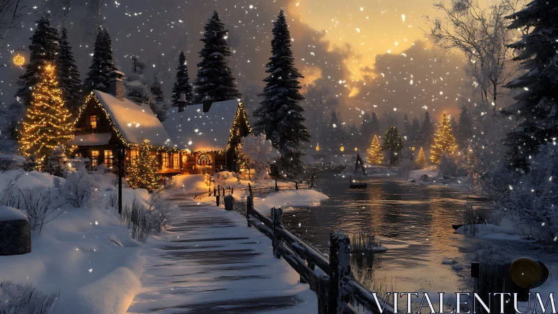 Snowy cabin and river under warm winter lights.