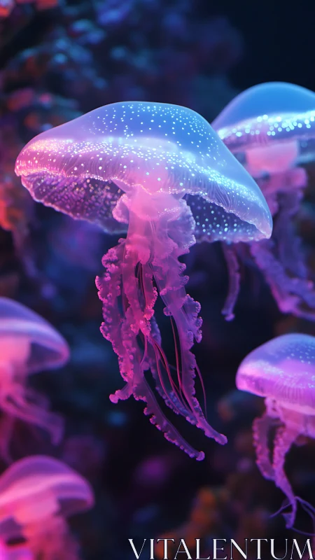 Bioluminescent jellyfish drift through neon-lit ocean depths.
