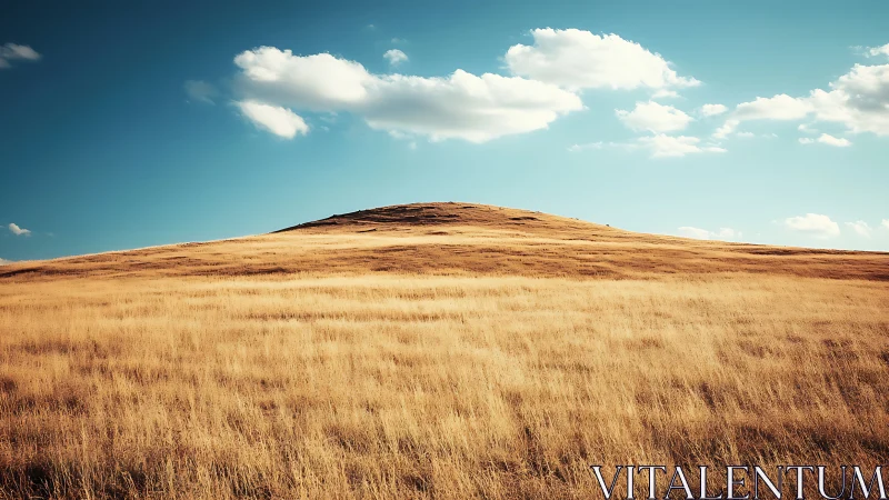Golden hillside rolls gently beneath a calm blue sky