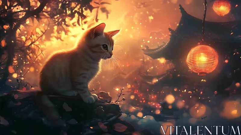 White feline in luminescent Asian temple environment with bokeh lighting