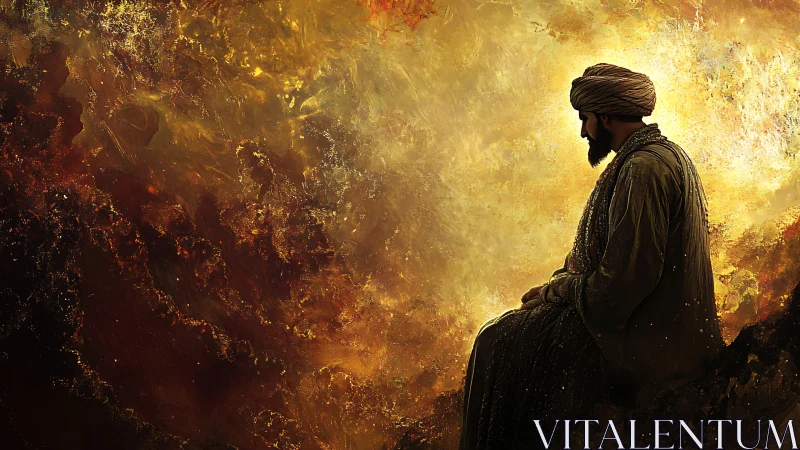 Solitary robed figure in profile against radiant molten sky