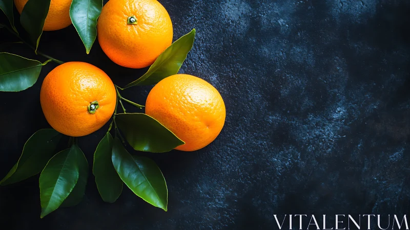 Sunny oranges resting on deep blue stone background.