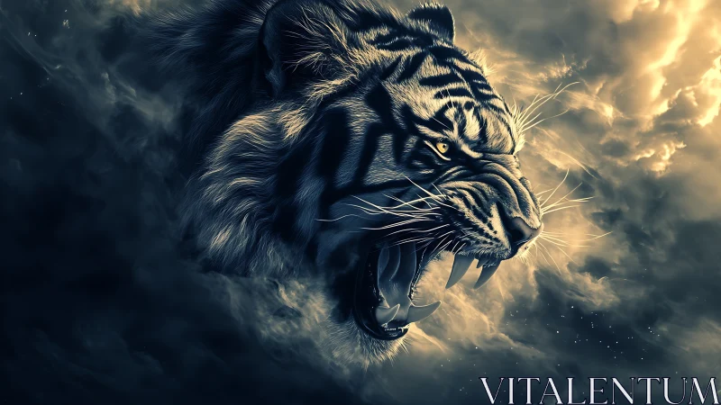 Roaring tiger head emerging from swirling storm clouds.