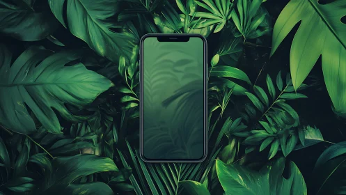 Calm smartphone oasis nestled in lush tropical leaves.