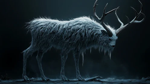 Frost crowned stag drifting through a moonless winter hush.