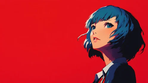 Side profile of blue haired anime girl on red ground.