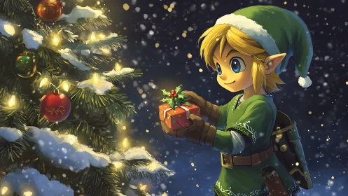 Digital painting of festive elf hero beside illuminated tree.
