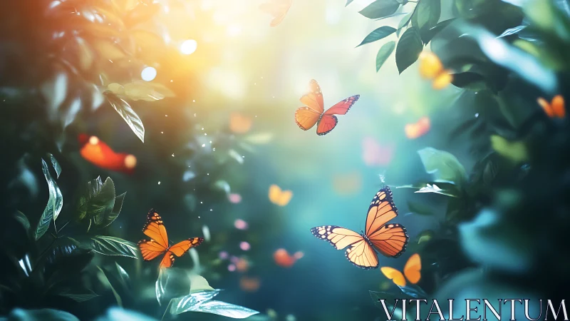 Gentle orange butterflies drifting through a sunlit forest.