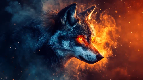Digital painting of firelit wolf profile with dual-tone smoke.