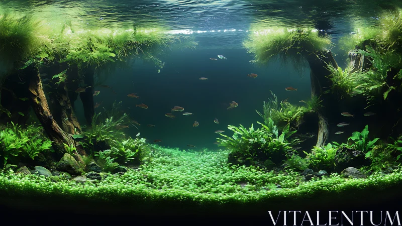 Planted freshwater aquascape with small schooling fish.