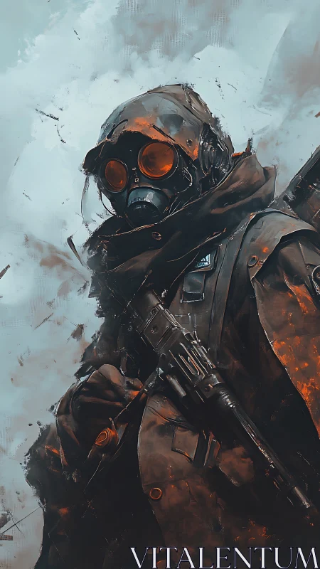 Post apocalyptic soldier in gas mask holding rifle.